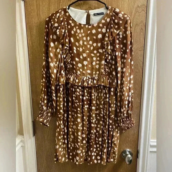 Zara Woman Ruffled Long Sleeve Brown White Polka Dot Animal Print Dress Size XS - Picture 1 of 13